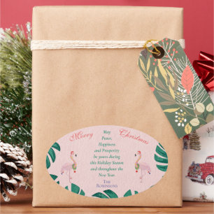 Adesivo Oval Enfeites de Natal Tropicais Flamingo Rosa Chapéu d