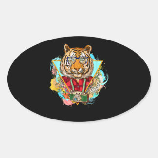 Adesivo Oval Engraçado Hipster Tiger - Presente Fotógrafo