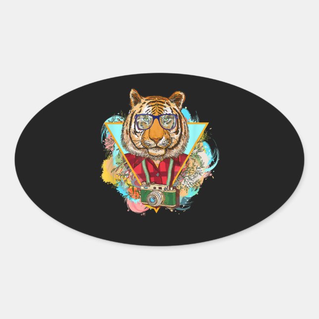 Adesivo Oval Engraçado Hipster Tiger - Presente Fotógrafo (Frente)