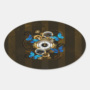 Adesivo Oval Engrenagens Steampunk e Borboletas Azuis