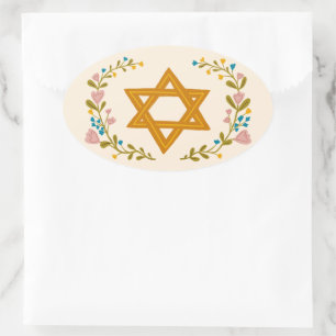 Adesivo Oval Estrela de David Floral Judaica Personalizada Dese