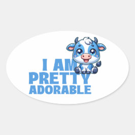 Adesivo Oval Eu sou Bonito, Adorável Vaca Azul e Branca