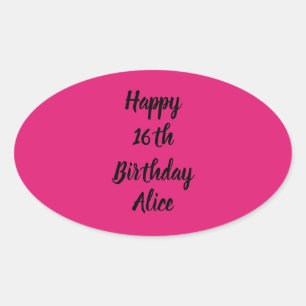 Adesivo Oval Feliz 16.º aniversário, Pink Black Name Girly