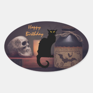 Adesivo Oval Feliz aniversario assustador de gato preto e de
