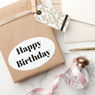 Adesivo Oval Feliz Aniversário Preto Branco Minimalista Moderno