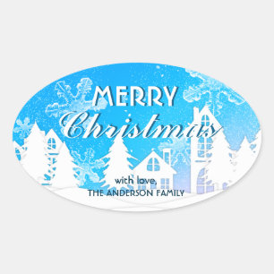 Adesivo Oval Feliz ano novo Xmas com Flocos de Neve da Casa Bra