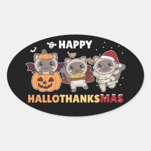 Adesivo Oval Feliz Hallothanksmas Cat Elefante de Natal