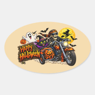 Adesivo Oval Feliz Halloween de Motoqueiro Esqueleto Assustador