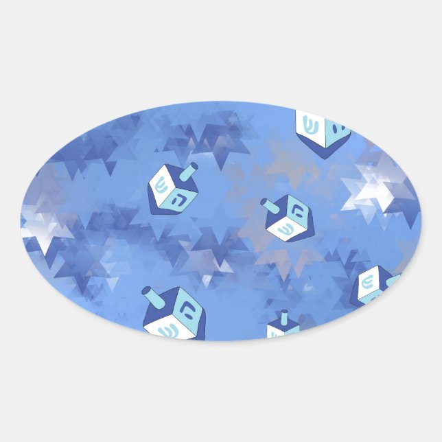 Adesivo Oval Feliz Hanukkah Falling Star e Dreidels (Frente)