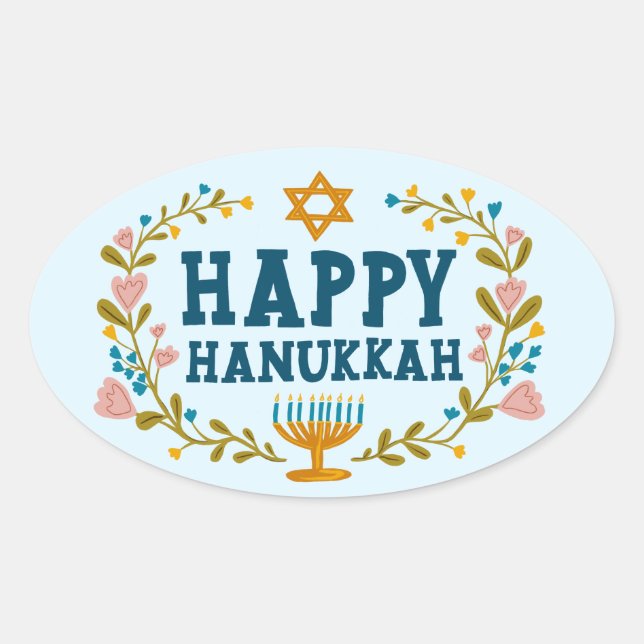 Adesivo Oval FELIZ HANUKKAH Feriado de Ferida Negra (Frente)