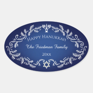 Adesivo Oval Feliz Hanukkah Menorah Quadro Festivo Branco sobre