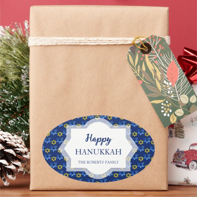 Adesivo Oval Feliz Hanukkah Watercolor Stars De David (Feriado)
