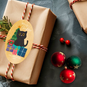 Adesivo Oval Feliz Natal Areia Gato Preto Fofo Árvore de Natal