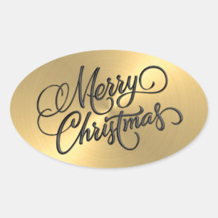 Adesivo Oval Feliz Natal Dourado, Olhar Esboscada