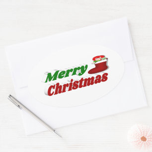 Adesivo Oval Feliz Natal estocando a tipografia verde vermelha