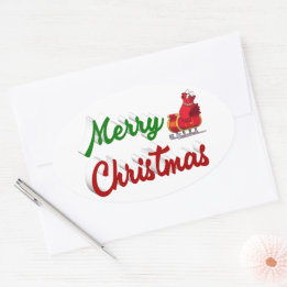 Adesivo Oval Feliz Natal Papais noeis Sleigh red green script