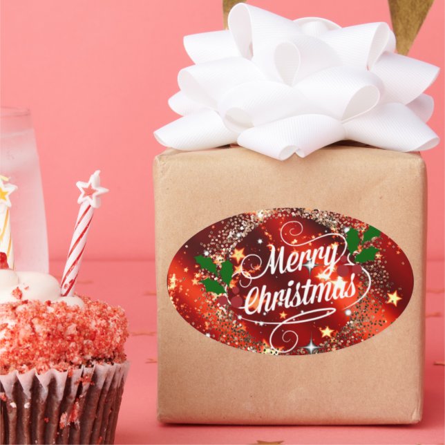 Adesivo Oval Feliz Natal, Vermelho e Design Dourado (Festa)