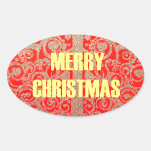 Adesivo Oval Feliz Ouro de Natal Red Snow Glitter Hearts Art