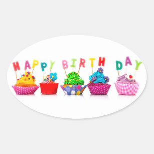 Adesivo Oval Felizes Cupcakes de aniversário
