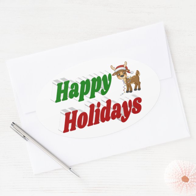 Adesivo Oval Feriados Felizes, Reindeer, tipografia de Natal (Envelope)
