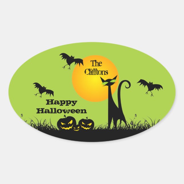 Adesivo Oval Festa de Dia das Bruxas de Gato Negro (Frente)