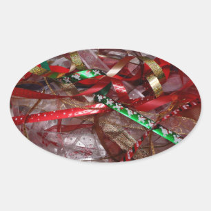 Adesivo Oval Fitas de Natal Vermelho Verde e Dourado Feriado