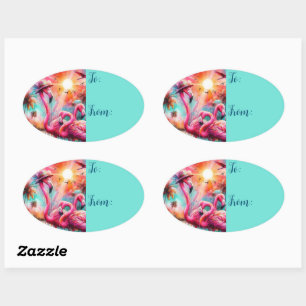 Adesivo Oval Flamingos Palmeiras Rosa Tropicais Teais Sunset
