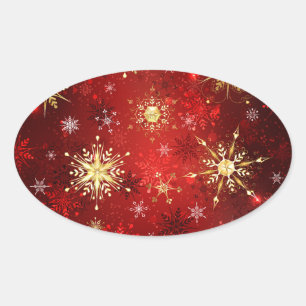 Adesivo Oval Flocos de neve do Ouro de Natal em Fundo Vermelho