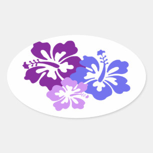 Adesivo Oval Flor de Hibisco Tópico em Azul, Roxo e Lilac