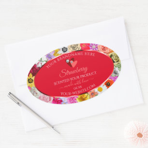 Adesivo Oval Flores Coloridas Frame Red Product Labels Coraçõ