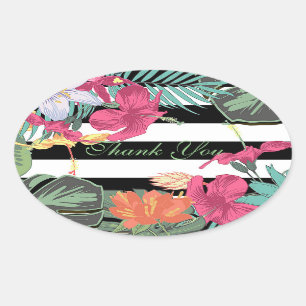 Adesivo Oval Flores Floral Tropical Folhas Listras Pretas Branc