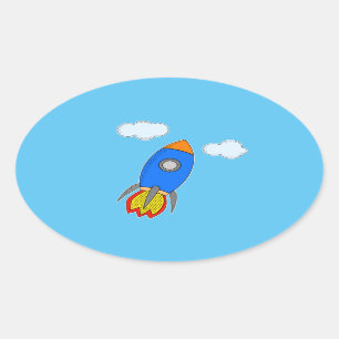 Adesivo Oval Foguete De Cartoon No Céu Azul