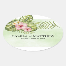 Adesivo Oval Folhas Exóticas E Flores