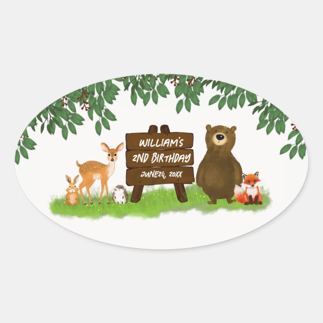 Adesivo Oval Forest Animals Rustic Woodland Kid's Birthday (Frente)
