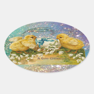 ADESIVO OVAL FRANGOS, FLORES, OVO LESTE EM ESPUMANTES AZUIS DOU