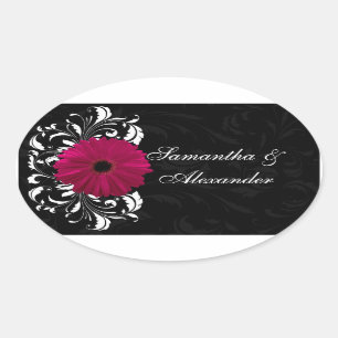 Adesivo Oval Fuchsia Scroll Gerbera Daisy w/Black and White