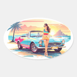Adesivo Oval Garota com carro e natureza dos sonhos