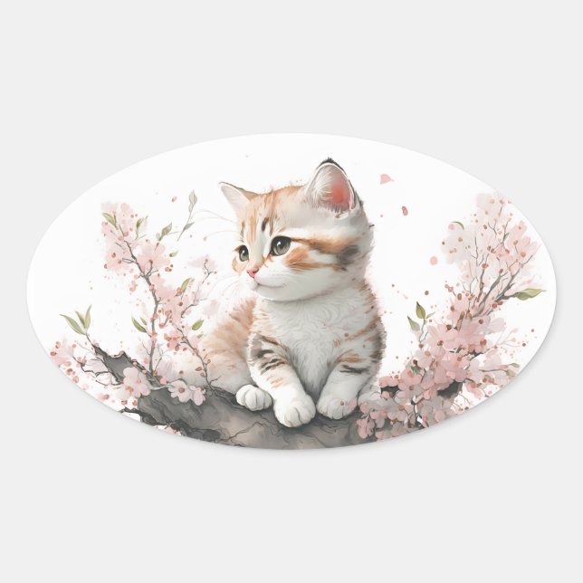 Adesivo Oval Gatinho de Aquarela com Flores Rosa (Frente)