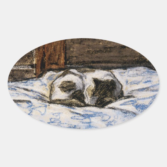 Adesivo Oval Gato dormindo na cama (Frente)