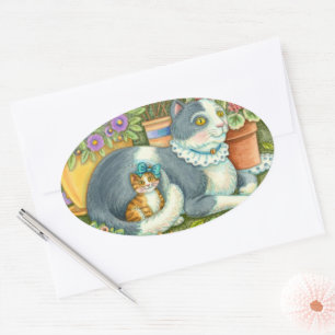 ADESIVO OVAL GATO-MÃE E COZINHO, FLORES, ARCOS E LACE