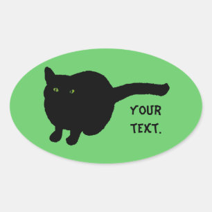 Adesivo Oval Gato Negro Silhueta, olhos verdes Seu texto Vestid