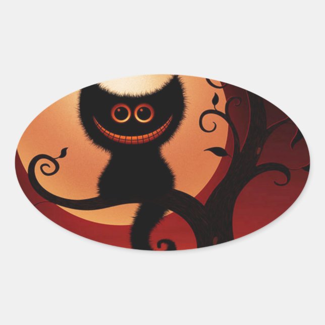 Adesivo Oval Gato Negro Sorridente de Whimsical (Frente)