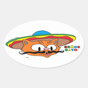 Adesivo Oval Gato Senhor Cartoon Bigode Gato