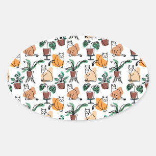 Adesivo Oval Gatos e flores para desenho de linhagens