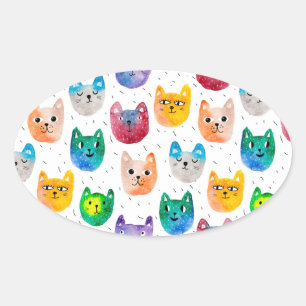 Adesivo Oval Gatos em aquarela e amigos
