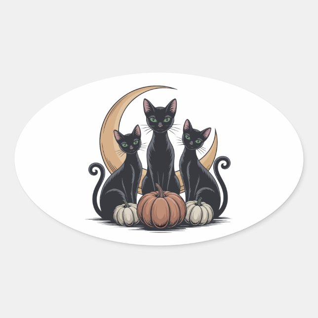Adesivo Oval Gatos Negros Abóbora Lua Whimsigothia Halloween (Frente)