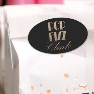 Adesivo Oval Gatsby party Dourada e Black Pop Fizz Clink