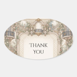 Adesivo Oval Gazebo de Jardim Vintage Casamento Obrigado