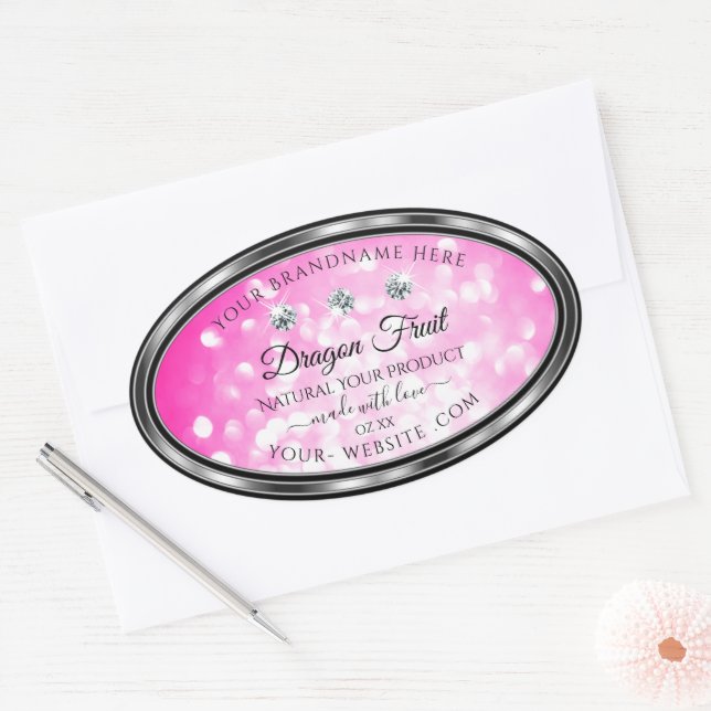 Adesivo Oval Girly Pink Product Labels Diamantes Prateados (Envelope)