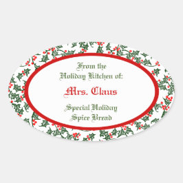 Adesivo Oval Green Holly com Red Berries Custom Baking Sticker